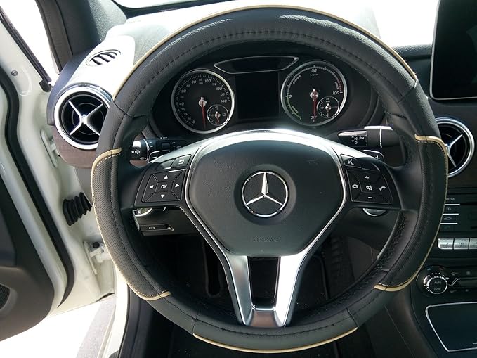 Jdragon Black + Beige Line PU Leather Best Grip Slip-On Steering Wheel Cover 14.25-15" Diameter