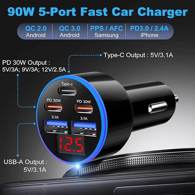 90W 5-Port USB C Car Charger, OKRAY 3-Pack Super Fast Charging PD30W 12v Cigarette Lighter Adapter USB-C&USB-A Multiport Car Phone Charger with Volt Meter for iPhone 17 16 15 14, iPad, Galaxy S25 A16