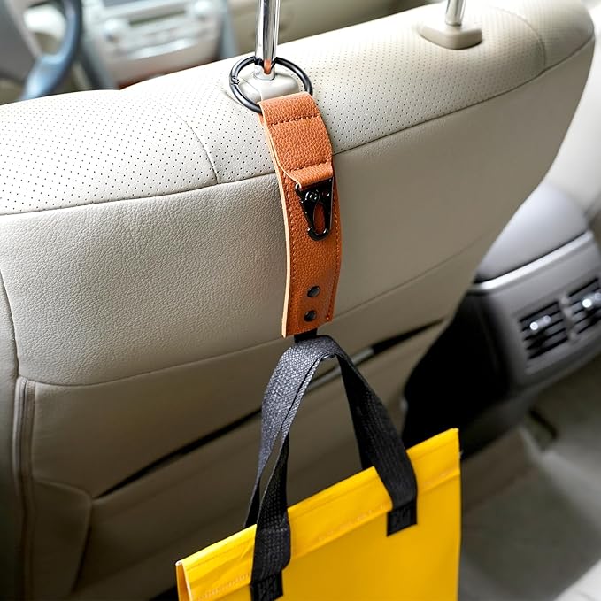 Adorila Car Hooks for Headrest - Backseat Storage Organizer Hangers - PU Leather Strap with Metal Snap Clip for Bags - (Brown, 2-Pack)