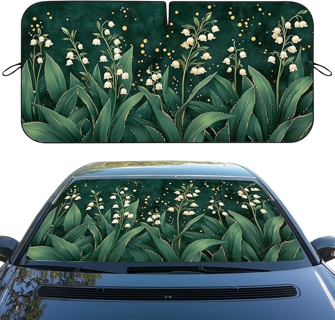 Flowers Car Window Sun Shield White Lily of The Valley Green Botanical Front Window Sun Shade Blocks UV Rays Sun Visor Protector for Car Sedan Truck SUV Accessories 59" L x 31.5" W