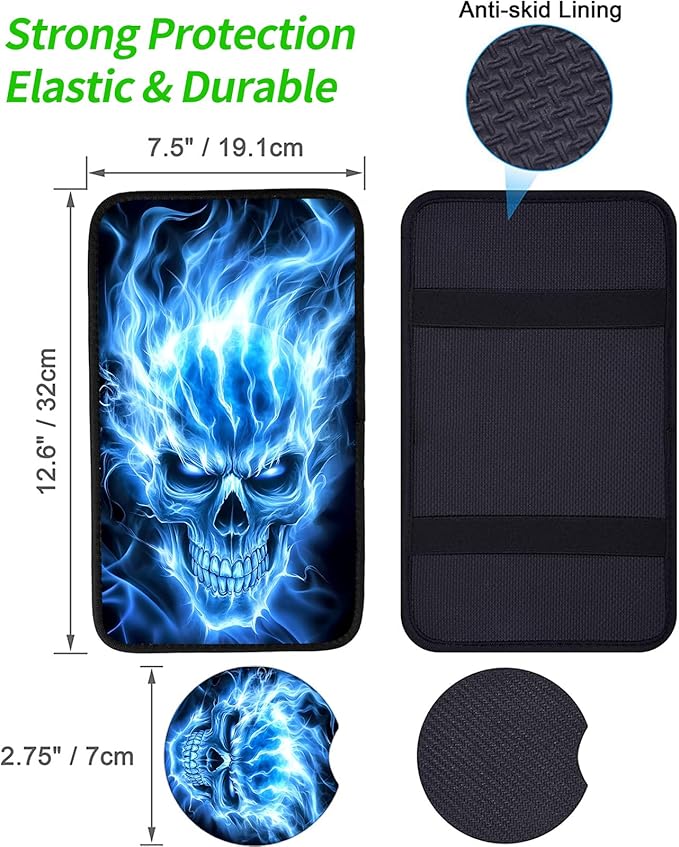 JANENFNA Car Armrest Cover Pads Universal Fashion Cute Auto Center Console Armrest Cover Pad with 2PCS Car Coasters Soft Waterproof Car Armrest Seat Protector for Women,Blue Flame Skull ABC