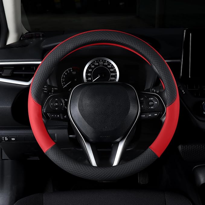 Auto Car Leather Steering Wheel Cover Anti Slip Wrap 15" (Red)