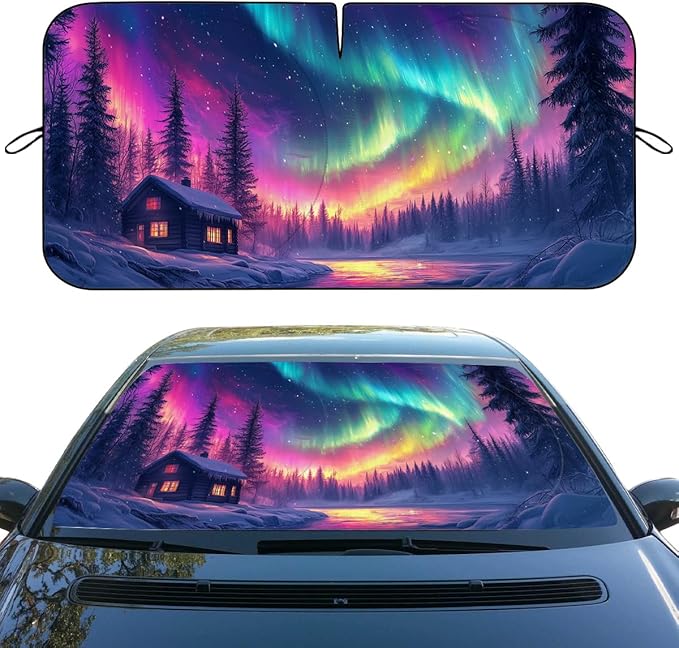 Northern Lights Car Window Sun Shield Snowy Forest Old Hut Pine Trees Front Window Sun Shade Blocks UV Rays Sun Visor Protector for Car Sedan Truck SUV Accessories 59" L x 31.5" W