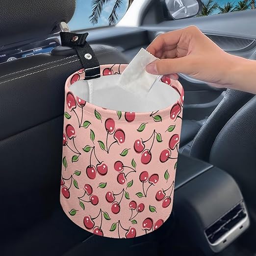 Brosoneto Hanging Car Garbage Bag Cute Cherry Printed for Car Front Seat, Back Seat, Floor, Garbage Bin Decoration Portable Car Rubbish Bin