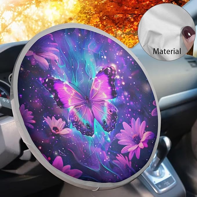 Purple Butterfly Universal Steering Wheel Cover Sunshade Unique Car Rudder Sun Shade Cover for SUV Vehicle Sedan Truck Car Accessories Gift for Friends