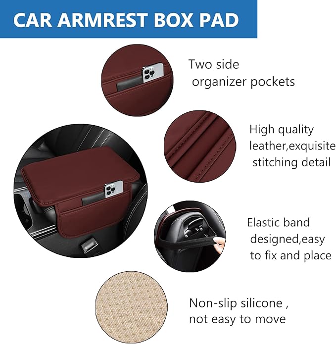 Car Center Console Cover Leather Armrest Cover Cushion with 2 Storage Bags Universal Car Armrest Seat Box Pad Car Interior Accessories Protector for Most Vehicle (red)