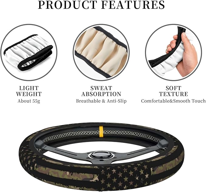 Camo American Flag Neoprene Steering Wheel Cover for Men Women Anti-Slip Elastic Steering Wheel Protective Cover 15in Universal Car Accessories Fit Cars, SUVs, Auto
