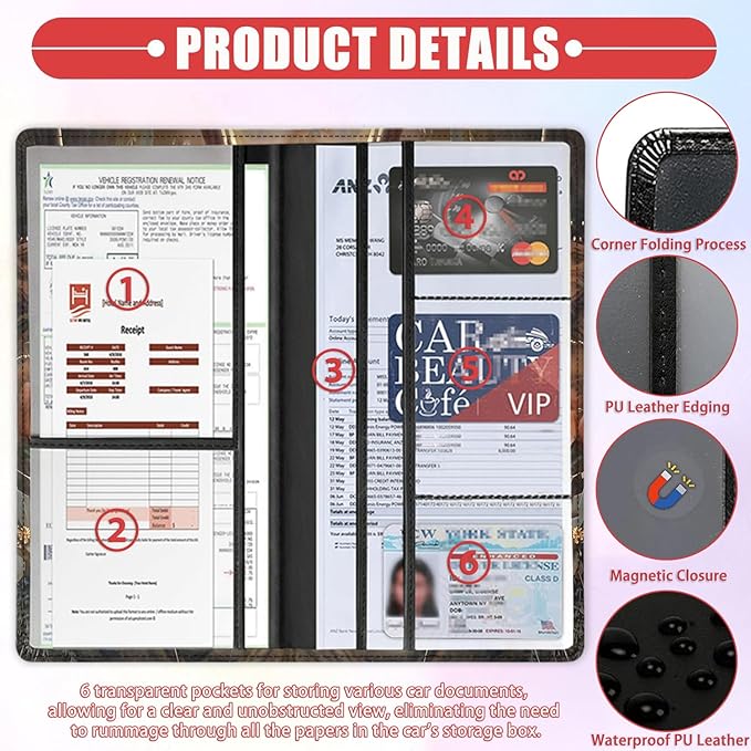 Car Registration and Insurance Card Holder for Women Men, Waterproof PU Leather Glove Box Car Organizer with Magnetic Shut, Vehicle Document Holder for Driver License,Cards, Cow and Flowers Pattern
