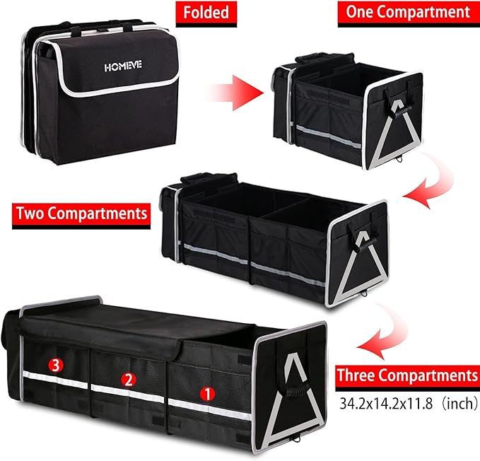 Homeve Trunk Organizer, Car Storage, Reinforced Handles, Collapsible Multi-Compartment, Foldable, Waterproof, Sturdy, 600D Oxford Polyester For Car, SUV, Mini-Van, Black-Large, 3 Compart