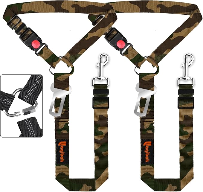 Removable Dog Seat Belt Harness for Car, 3 in 1 Pet Dog Car Seatbelt Leash, Retractable Restraint Secures to Vehicle Headrest & Adjustable Reflective Bungee Dog Seatbelt Tether, Camouflage