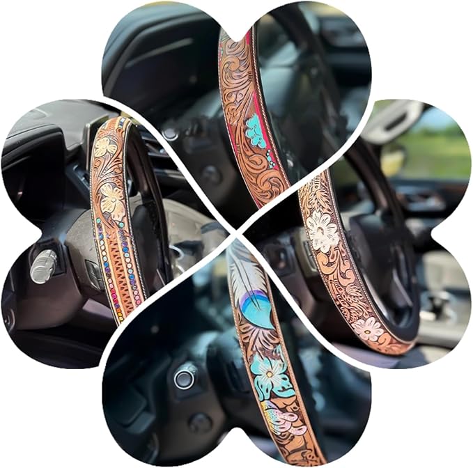 Retro Western Cowboy Car Universal Steering Wheel Cover, Embossed Handcrafted Tooled Leather Western,Anti Slip, Auto Interiors Accessories,Breathable for Trucks SUVs Cars (B)
