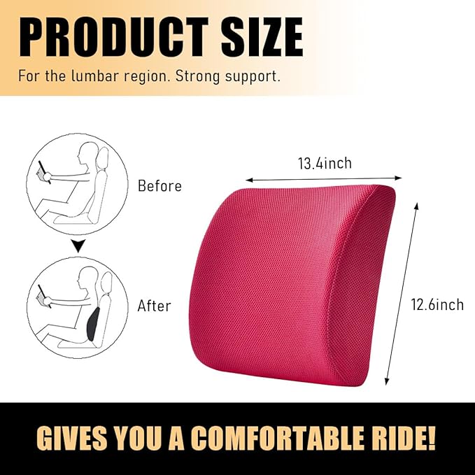 Lumbar Support Pillow, Memory Foam Back Support Cushion, Lumbar Pillow Improving Sitting Posture & Back Pain Relief Suitable for Car, Office Chair, Car Accessories (Rose Red)