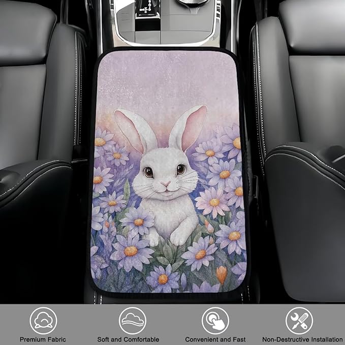 Bulopur Easter Cute Bunny Armrest Cover Car Center Console Cover Easy to Install Car Armrest Cushion Flannel Protector Protect from Pet Claws Thickened Fit for Most Cars, Vehicles, SUVs