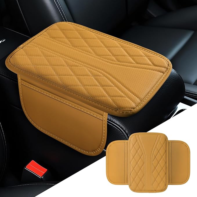 Car Center Console Cover, 11.8"×6.7" Leather Armrest Cover for Cars, Multifunctional Auto Armrest Cushion Pad with Storage Pocket, Universal Arm Rest Protector Car Accessories (Orange)