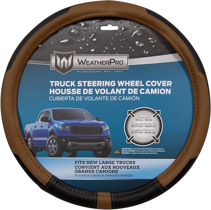 Plasticolor 006747R01 WeatherPro Larger-Sized Truck Black/Brown Steering Wheel Cover