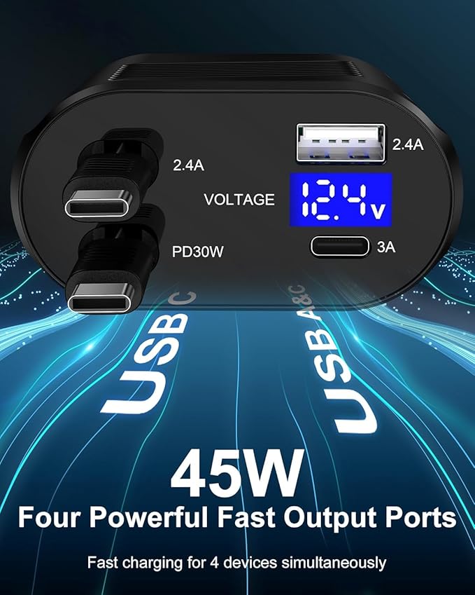 4-in-1 Retractable Car Charger Fast Charging Dual USB Ports & USB C Cables, USBC for iPhone 17 16e 16 Pro Max 16Pro 15 Plus Samsung Galaxy Cigarette Lighter Cargodor C Type Cord Android Car Charger
