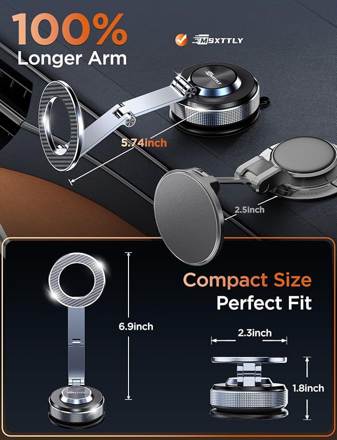 MSXTTLY Car Phone Holder 360° Adjustable Tesla Magnetic Phone Mount Foldable Car Mount 2026 Zinc-Alloy Magsafe Phone Holders for Your Car for iPhone 17 Pro Max 16 15 14 13 12 Plus,Carbon Fiber