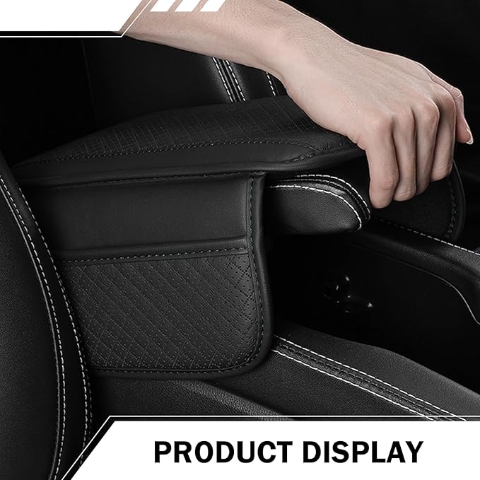Car Center Console Cover, Perforated Leather Armrest Cushion with 2 Storage Bags, Plaid Arm Rest Box Pad, Car Armrest Storage Box Interior Accessories for Most Vehicles (Black)