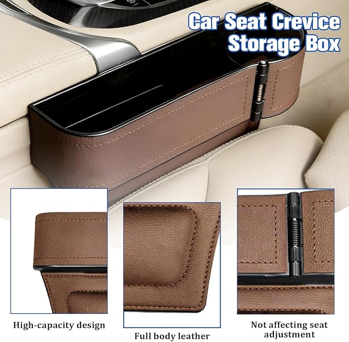 Car Seat Gap Filler Organizer with Cup Holder Expander, Leather Console Seam Filler Storage Box, Auto Front Seat Gap Organizer for Phones Keys Glasses, Universal Fit (Brown Passenger)
