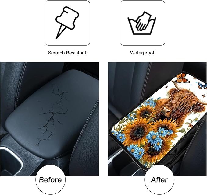 JANENFNA Car Armrest Cover Pads Universal Fashion Cute Auto Center Console Armrest Cover Pad with 2PCS Car Coasters Soft Waterproof Car Armrest Seat Protector for Women,Cow Butterflies