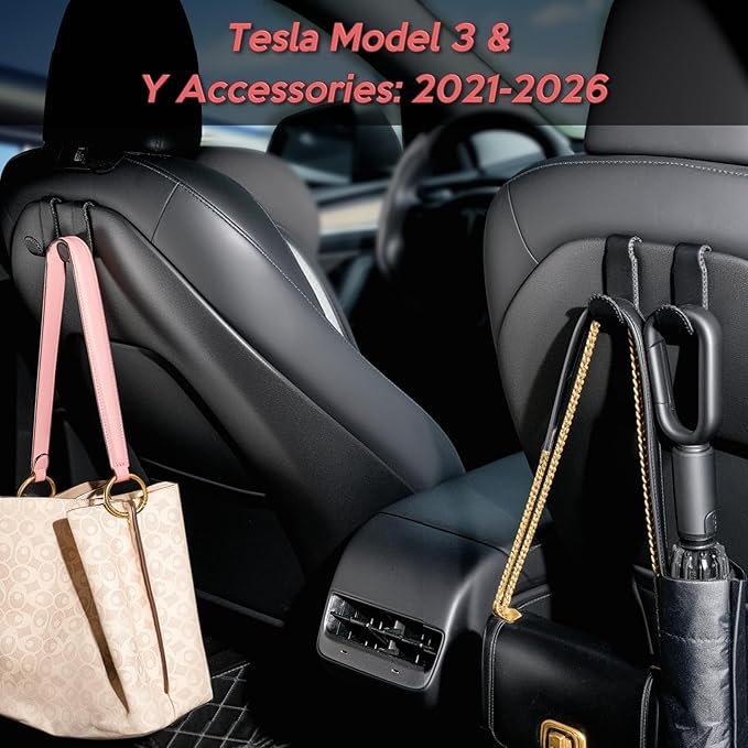 Car Seat Hooks for Tesla Model Y(Juniper) Model 3(Highland), Leather-Wrapped with Stainless Steel Core & Handmade Stitching, Purse Hanger Bag Holder, Automotive Seat Back Organizers (Black-2 Pack)