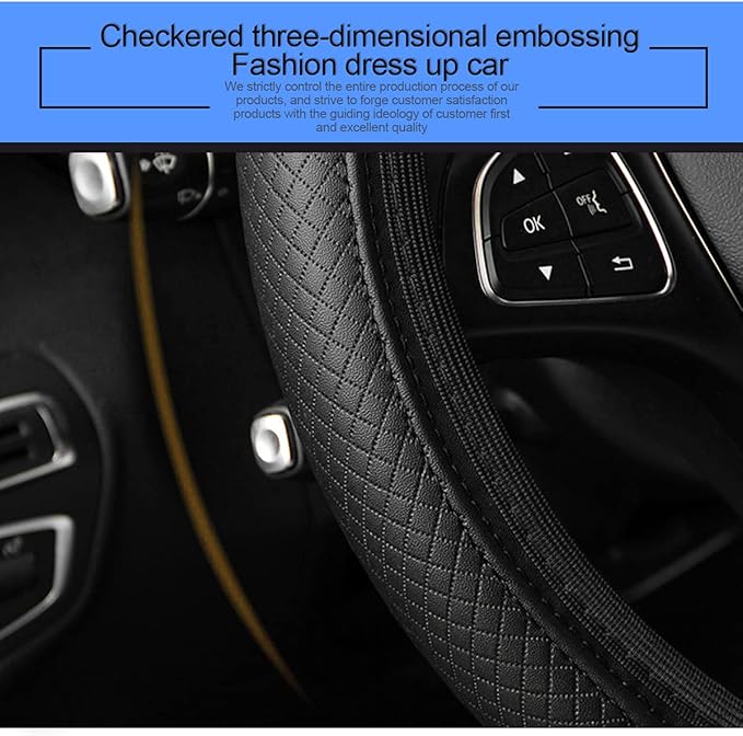 Leather Car Steering Wheel Cover for Men Women, Elastic, Breathable Anti-Slip, Universal 15 inch, (Black1)