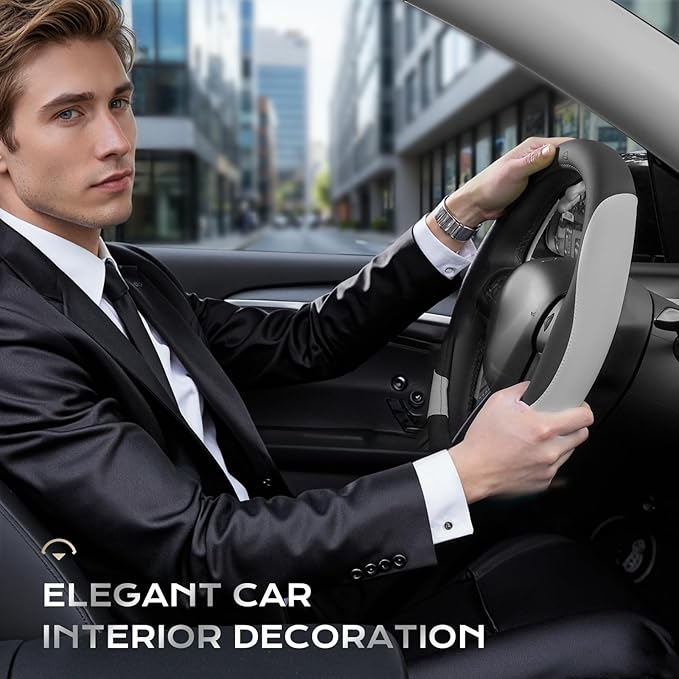 Coverado Car Steering Wheel Cover, Nappa Leather Black & Gray Steering Wheel Covers, Universal 14-15 inch, Anti-Slip, Breathable Steering Wheel Protector for Women Men