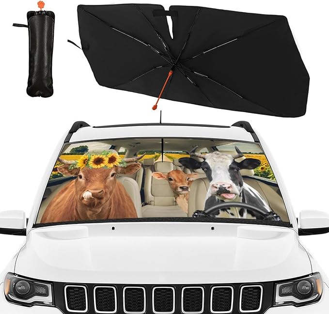 DOPINDU Cow Print Car Windshield Sun Shade Umbrella Bendable Handle Foldable Funny Sunshade for Car Windshield Block UV Rays Keep Vehicle Cool for Most Sedans SUV Trucks Cars 57"x30"