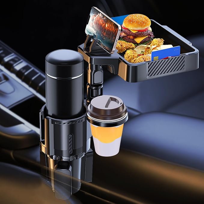 Car Food Tray with Expandable Cup Holder Tray and 360°Phone Stand,4 in 1 Detachable & Rotation car Tray with 2 Cup Holder Adapter with Expandable Base for car,Travel Road Essentials