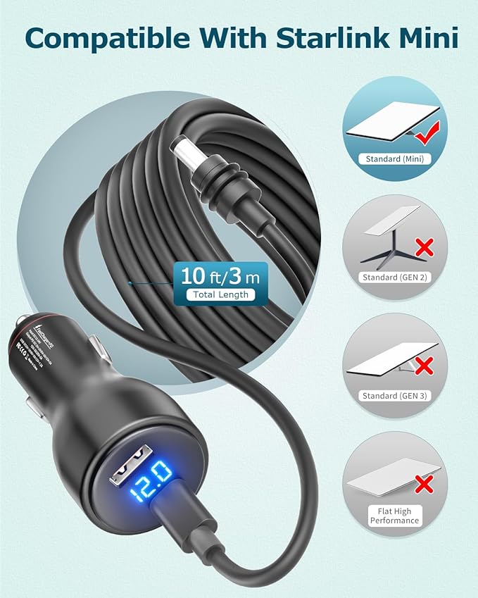 Starlink Mini Car Adapter 10FT, 12V to 20V DC Step Up Converter with 100W, Starlink Mini 12V Charger Car Cigarette Lighter Smart Boost 20V100W with Voltmeter Supports 23M USB C to DC Power Cable
