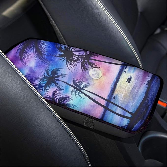 GLENLCWE Hawaiian Palm Tree Watercolor Sunset Print Car Armrest Cover Center Console Pad Fit for Most Vehicles for Women Men