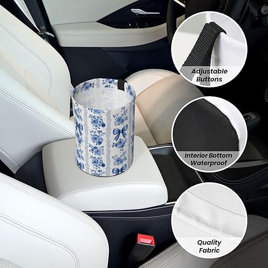Blue Floral Lace Ribbon Car Trash Can Leak-Proof Waterproof Hanging Trash Bin Collapsible Garbage Can for Car Accessories Travelling Camping