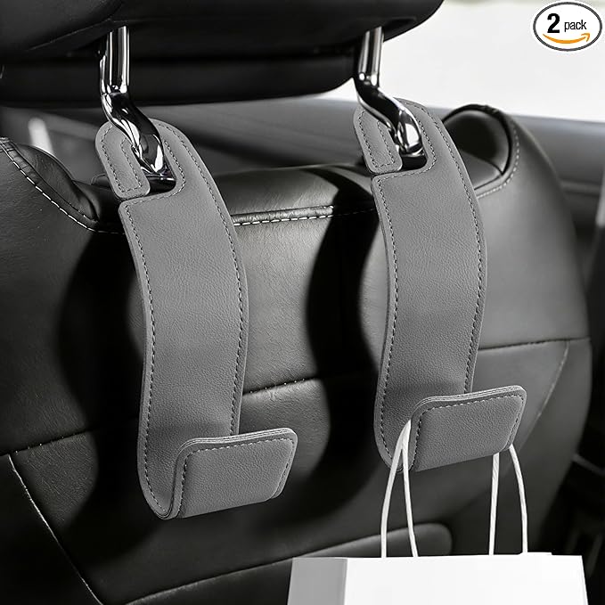 2PCS Purse Holder for Car, Purse Hook for Car, Leather Headrest Hooks for Automotive Back Seat, Auto Accessories Back Seat Organizer Hook for Grocery Bag Handbag Coat (Grey, 2PCS)