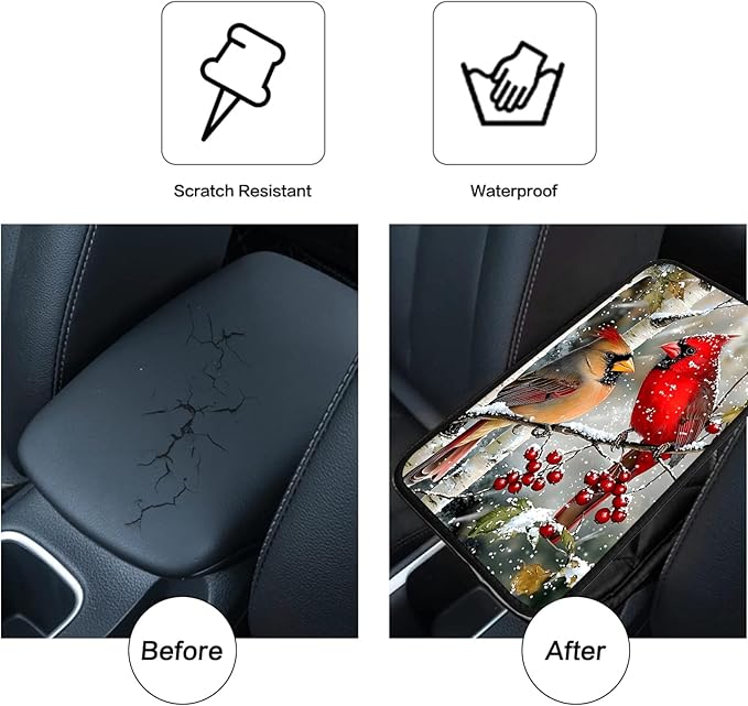 JANENFNA Car Armrest Cover Pads Universal Fashion Cute Auto Center Console Armrest Cover Pad with 2PCS Car Coasters Soft Waterproof Car Armrest Seat Protector for Women,Snowy Cardinals