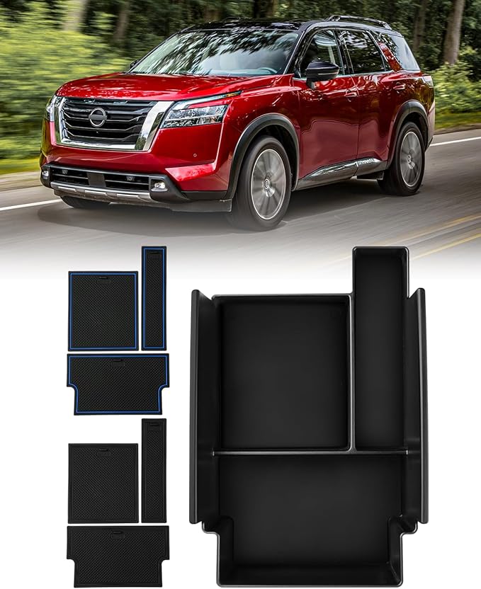 FIILINES Center Console Organizer for Nissan Pathfinder 2022-2026, Center Console Tray Secondary Armrest Storage Box ABS Insert Container with Anti-Slip Mats