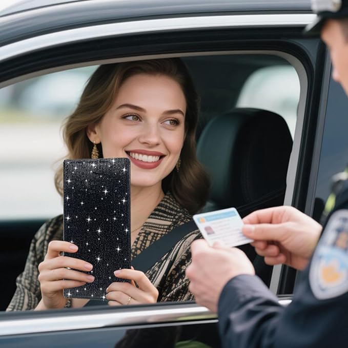 Car Registration and Insurance Document Holder,Bling Rhinestone Organizer Leather Vehicle Glove Box Organizer Car Holder Magnetic Closure Driver License Card Wallet Case (Black)
