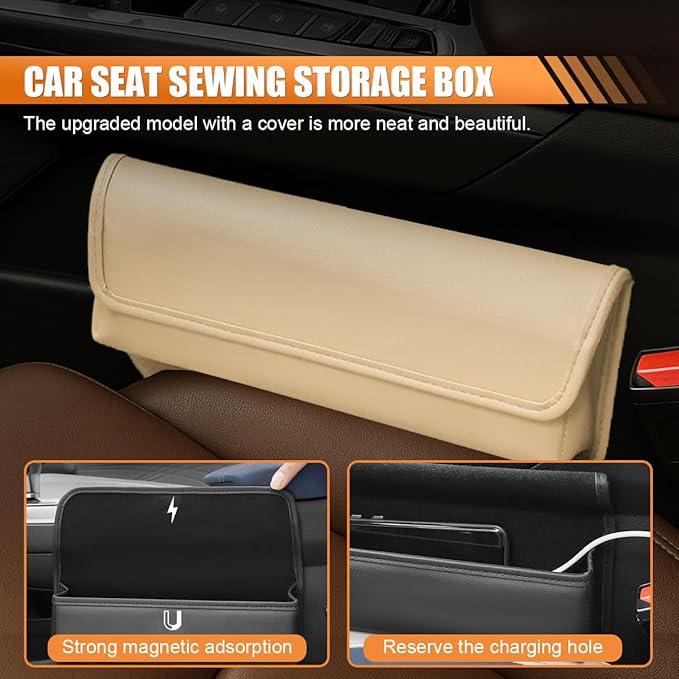 Car Seat Gap Filler Organizer, Leather Waterproof Auto Front Seat Storage Box, Portable Car Seat Side Pocket Organizer, Vehicle Interior Storage Accessory for Phone Glasse Key (Beige/Yellow)