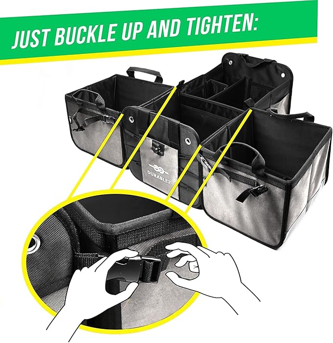DURABLEZ Modular 5-Section Trunk Organizer XL – Car Storage for Groceries, Tools, Sports Gear, Emergency Kits – Extra Large Multi-Module Cargo Box, Foldable, Detachable, Heavy Duty Design – Gray