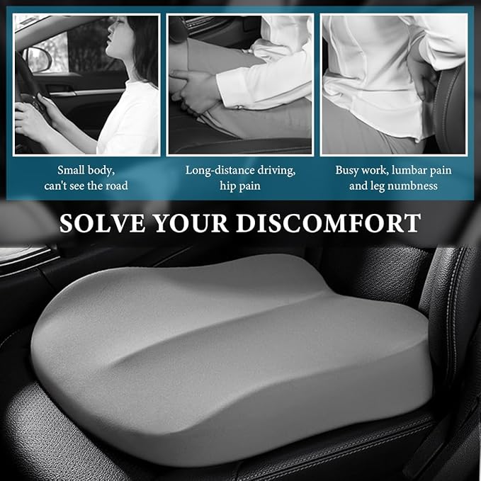 Car Seat Cushion, Comfort Ergonomic Memory Foam Seat Cushion for Tailbone Back Pain Relief, Breathable Car Cushion Suitable for Short People Driver to Get Better View (Gray)
