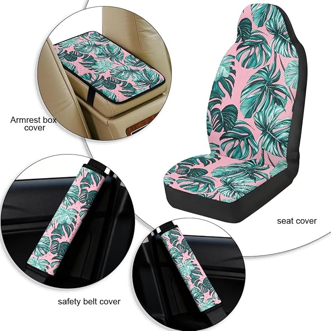 Qeluxign Monstera Leaf Car Seat Cover Set with Armrest Cover Cushion PU Automotive Car Cover and Seat Belt Shoulder Straps Pad, Universal Fit for Truck Sedan SUV, Pack of 5