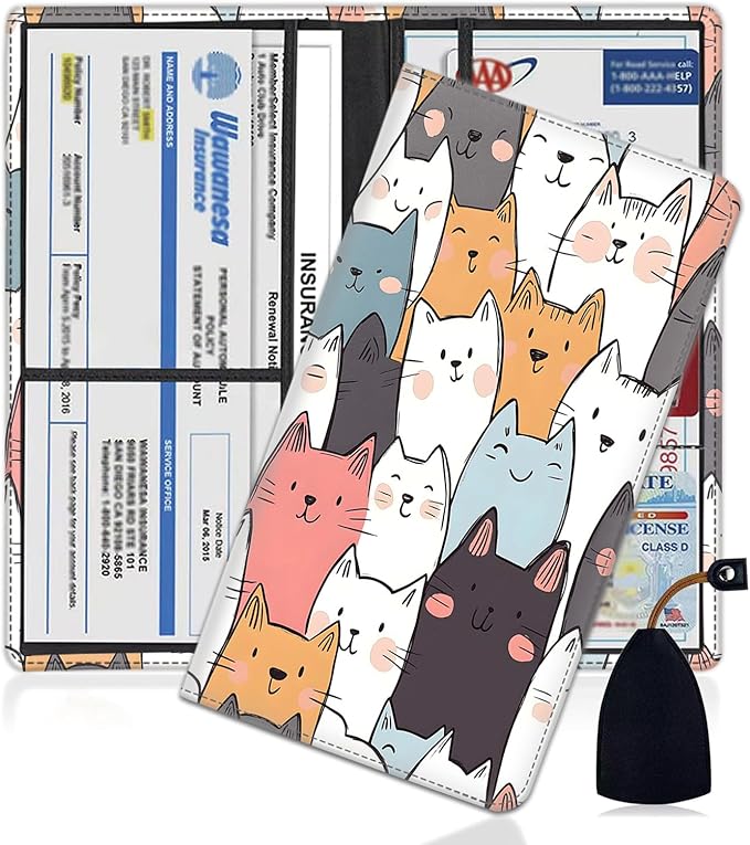Car Registration Holder, PU Leather Vehicle Glove Box Organizer for Driver License, Document, Car Insurance Holder with Magnetic Shut, Auto Paperwork Wallet Case Accessories, Cute Cartoon Cats