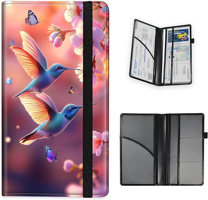 Tudguiloae Car Registration and Insurance Card Holder, Trunk Document Holder Organizer, Essential Vehicle Glove Box Organizer PU Leather Wallet for Driver,Pink Garden Hummingbirds