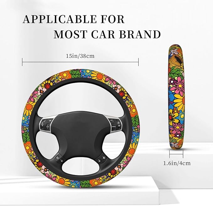 Hippie Flower Neoprene Steering Wheel Cover for Men Women Anti-Slip Elastic Steering Wheel Protective Cover 15in Universal Car Accessories Fit Cars, SUVs, Auto