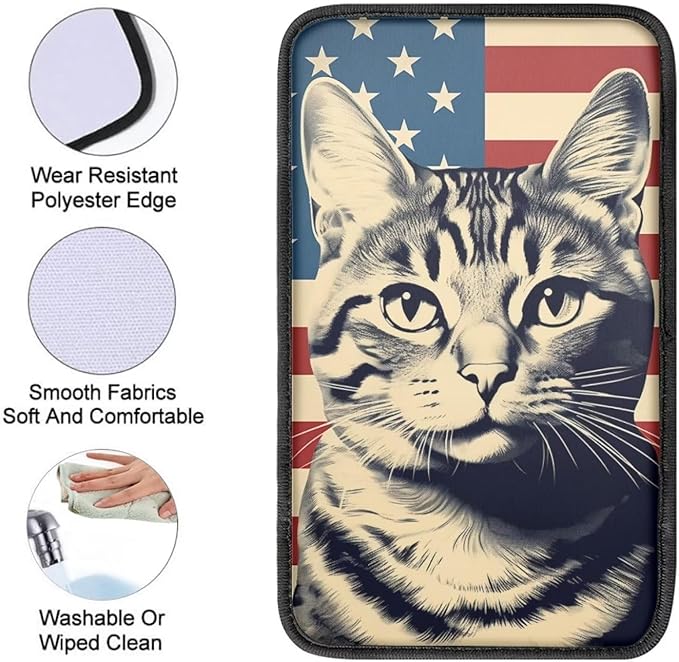 Car Center Console Pad, Universal Waterproof Car Armrest Seat Box Cover, Car Interior Accessories for Most Vehicle SUV Truck Vintage American Flag Cat Car Armrest Pad
