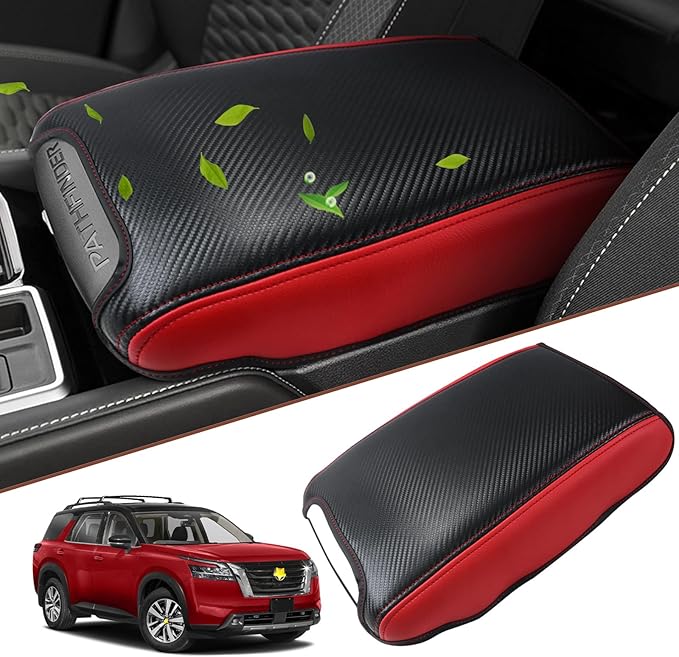 SKTU for 2023 2024 2025 Nissan Pathfinder Center Console Cover 2022-2025 Pathfinder Armrest Cover 2023 2024 2025 Pathfinder Accessories Pathfinder R53 Automotive Center Console Soft Cushion (Red Line)