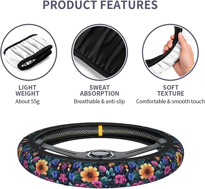 Colorful Floral Steering Wheel Cover for Women Men Girls Car Accessories Decor Anti-Slip Neoprene Auto Steering Wheel Covers Protector Universal 15 Inch