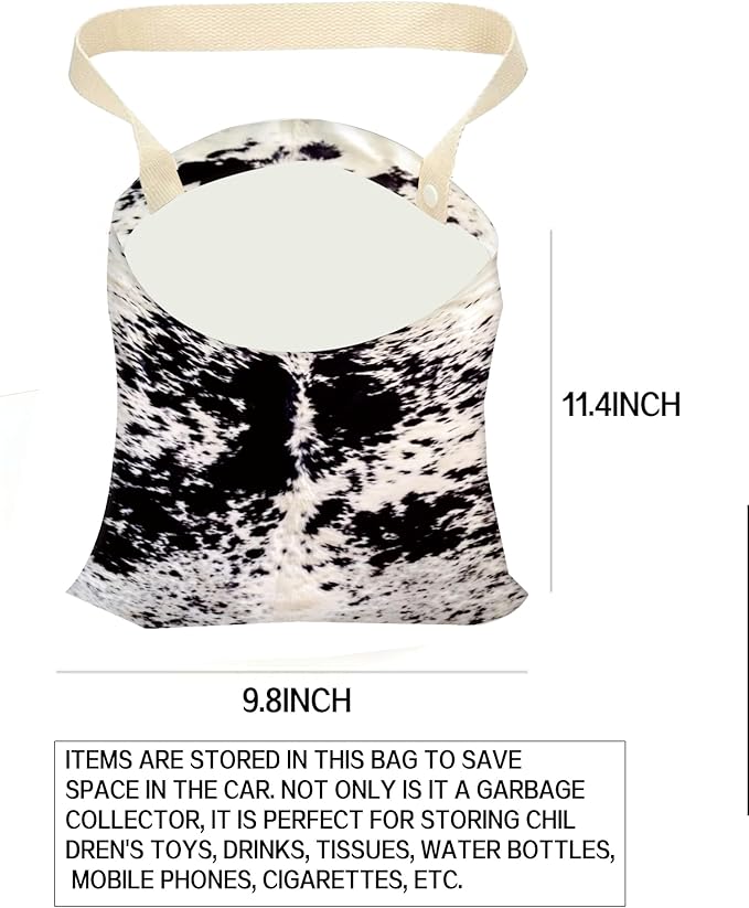 Hanging Car Trash Can Bag - Black & White Cowhide, Retro Design, Back Seat Organizer for Travel, Camping & Vehicle Accessories