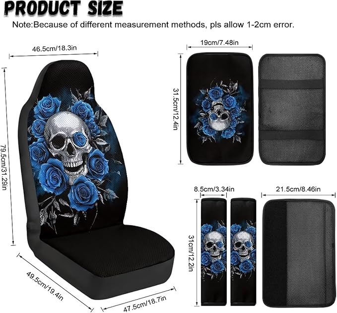Qeluxign 5 Piece Car Seat Covers Full Set for Men Women Blue Rose Skull PU Leather Front Seats Cover Auto Seatbelt Shoulder Pads Vehicle Center Console Armrest Cover