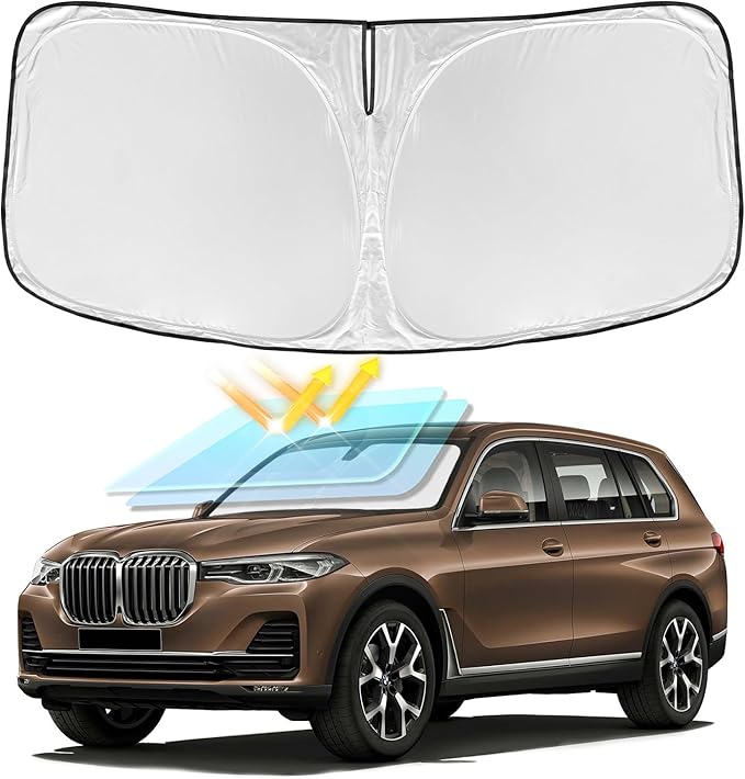 for BMW X7 2018-2025 Windshield Sun Shade - 4 Layers Car Sunshades for Front Windows Shade Cover Custom Fit BMW X7 Sunshade 240T Retractable Shade Blocks UV Rays Car Accessories