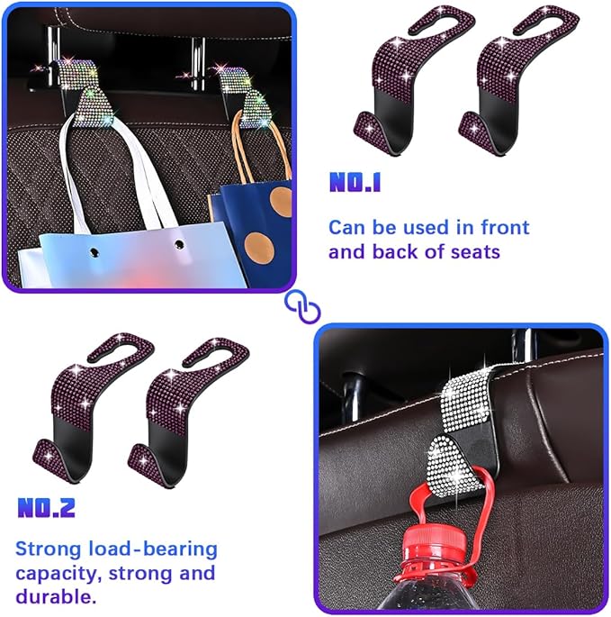 Bling Car Seat Headrest Hooks, 4PCS Crystal Rhinestone Vehicle Back Seat Hanger Holder for Handbags Purses Coats, Automotive Headrest Storage Organizer, Universal for RV SUV Truck (Purple)